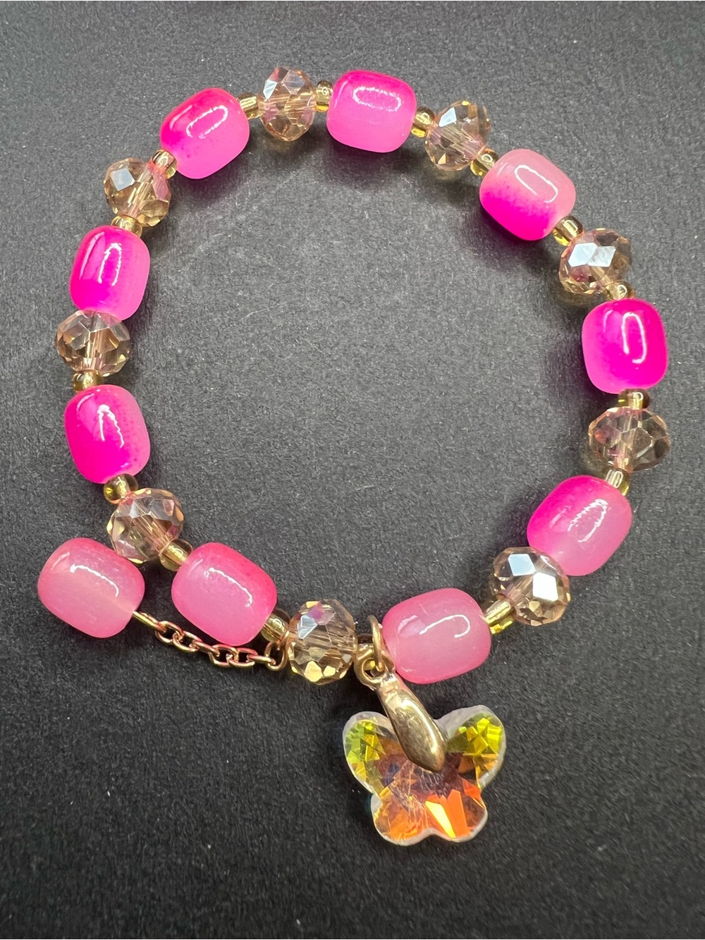 Pink Glass Beaded CZ Butterfly Charm Bracelet NWOT